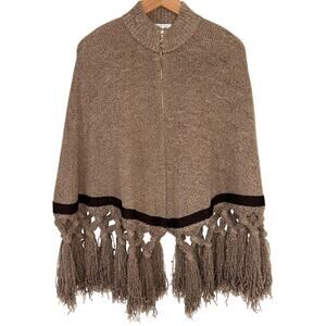 St John Sport Wool Blend Brown Fringe Poncho Sweater Size Small